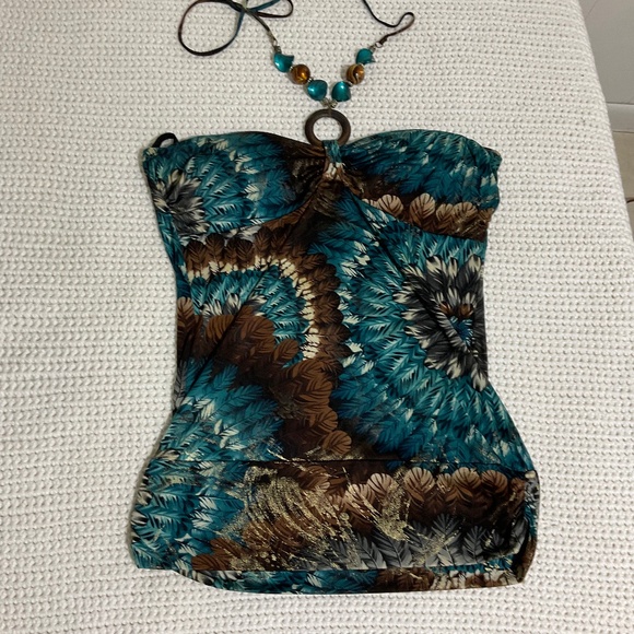 Vintage Belinda Top Blouse Size M Beads accents Halter Padded Bra Stretch USA - Picture 8 of 16